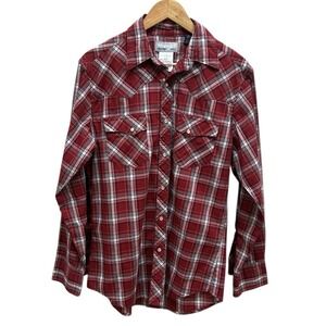 Wrangler‎ Rancher Pearl Snap Shirt Medium Plaid Red White Blue Western Long